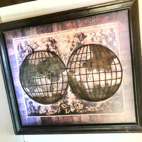 Antique style frame old world map with 3D metal globes on top large